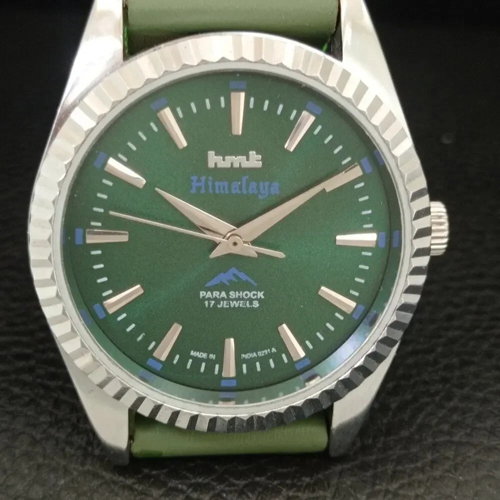 Vintage 1977 HMT Manual Wound Mens Silver Watch & Green accents